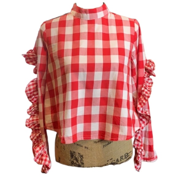 storets Tops - Storets Red White Checkered Top Ruffle Sleeves *